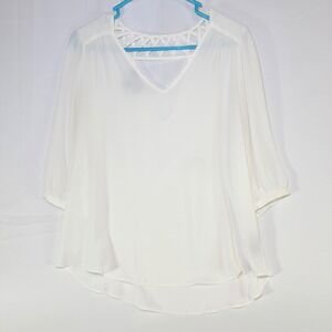 I.N. San Francisco‎ Ivory Chiffon Lattice Cage Back V-Neck Blouse 3/4 Sleeve M